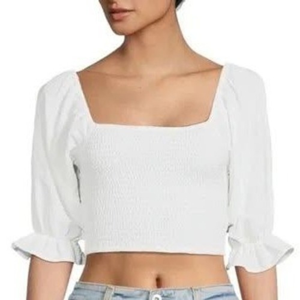 Boden White Smocked Puff Sleeve Crop Top Square Neck Cotton Size 4 NWT